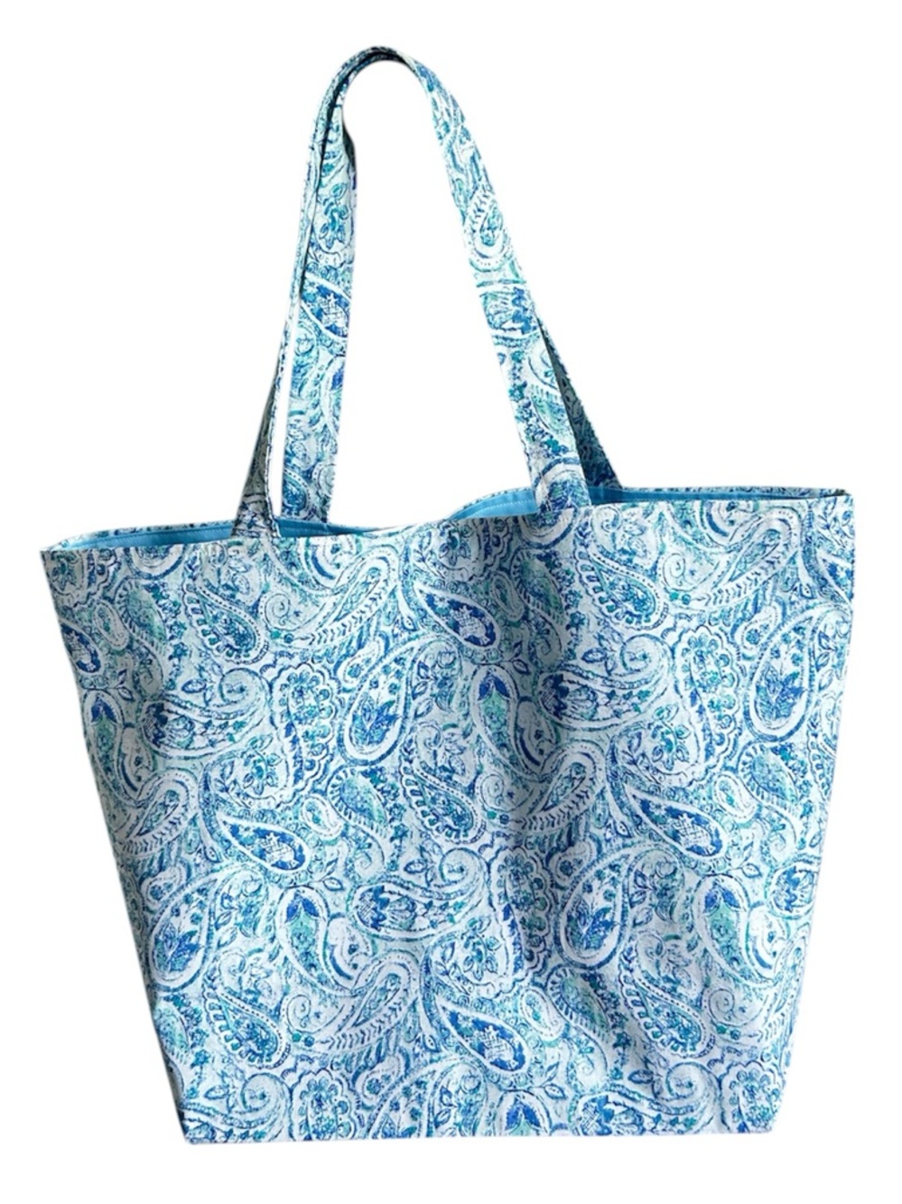 Hand Crafted Fabric Tote Bag Colorful Blue Paisley Market Bag Shoulder Purse - Picture 4 of 10